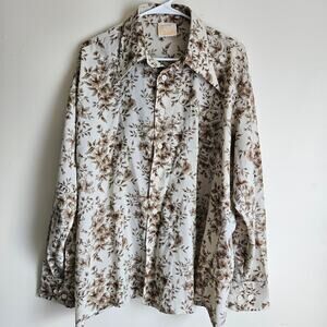 Mens Kings Road Brown Floral Button Down Shirt, Polyester, Sz XL